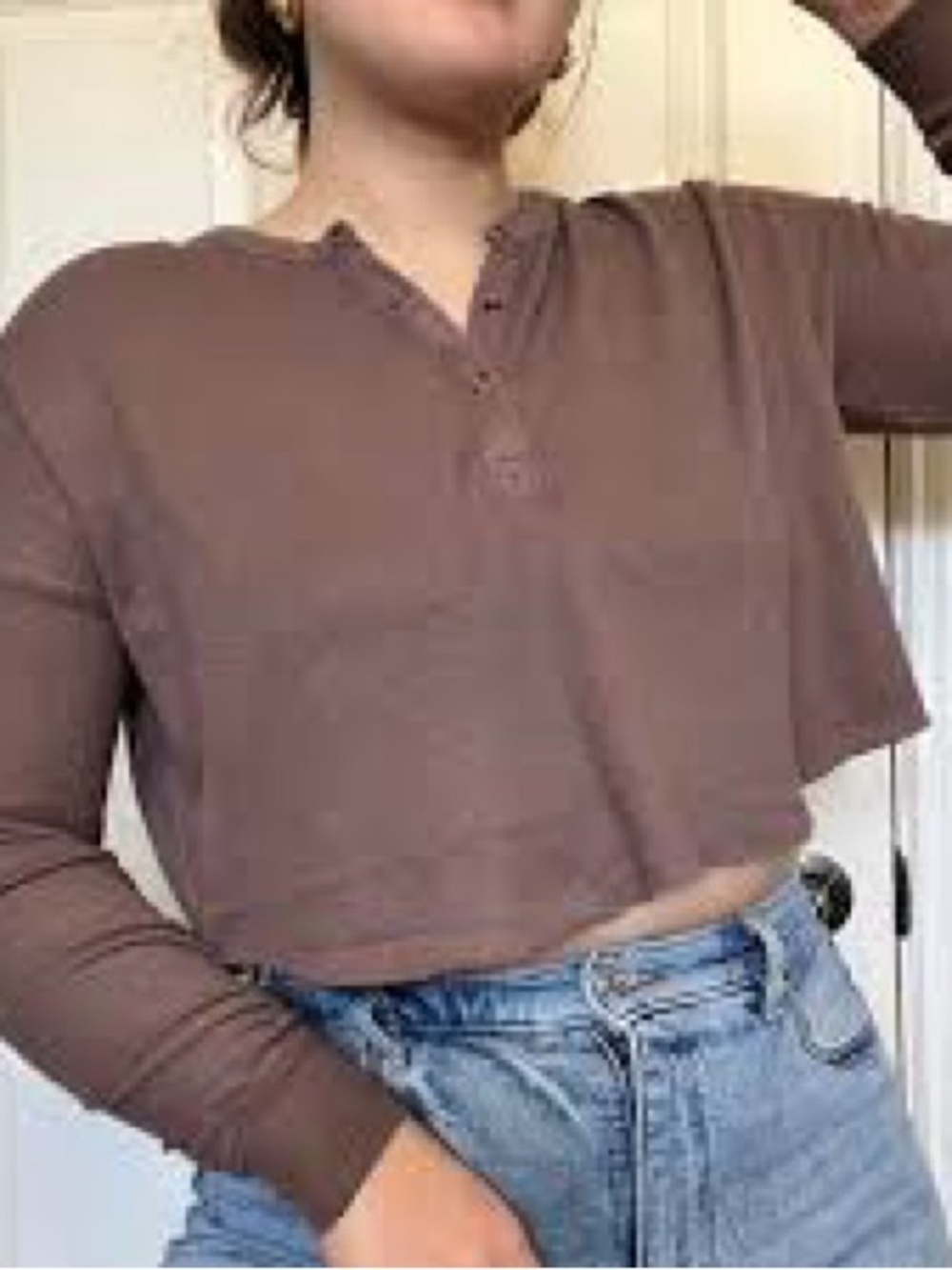 Urban Outfitters Brown Long Sleeve Cropped Henley Top